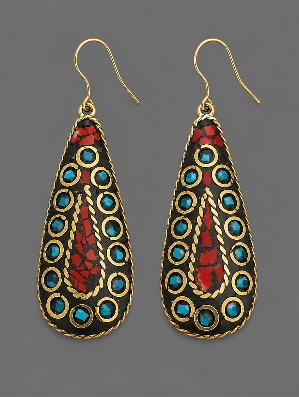 Tibetan Brass Turquoise Coral Mosaic Teardrop Dangle Hook Earrings